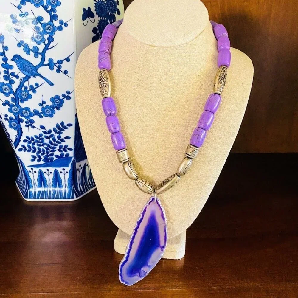 Polished Purple Agate Slice Pendant and Howlite Beaded Necklace